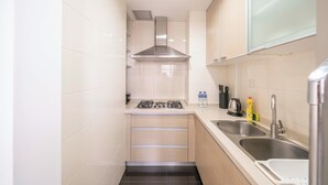 Cocina compacta con estufa a gas, dos fregaderos y campana extractora de acero inoxidable.