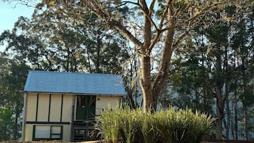 A building with a blue roof, surrounded by a landscaped area with a large tree and some shrubs.