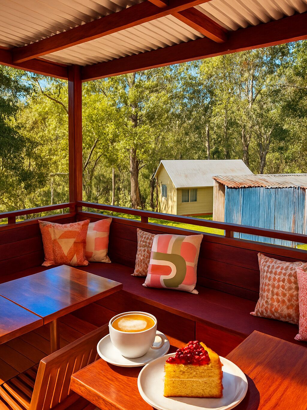 Eine hölzerne Bank mit Tisch und einer Tasse Kaffee, mit Blick auf ein bewaldetes Gebiet und ein Haus im Hintergrund.