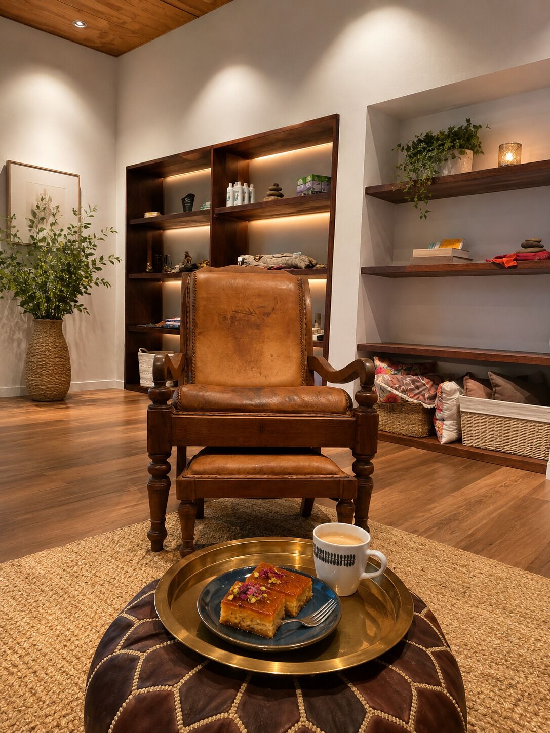 A leather armchair with a tray of food and a cup, surrounded by shelves with various items.