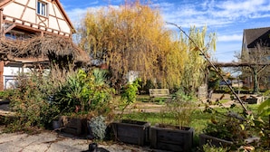 A garden with a bench, wooden planters, and a house with a sloped roof.