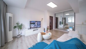 A modern living room with a flat-screen TV, a white sofa, a blue throw blanket, a potted plant, and a large mirror reflecting the room.