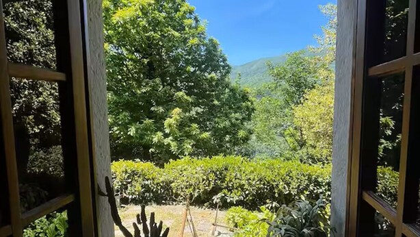 A window with a view of a lush garden and a mountain in the distance. - House with private garden and mountain views (Cutigliano)