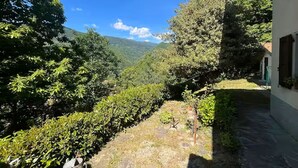 A courtyard with a stone pathway leading to a building, surrounded by lush greenery and a mountain in the background. - House with private garden and mountain views (Cutigliano)