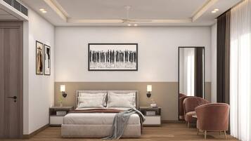 Quarto casal luxo, vista para a cidade | Escrivaninha, espaço de trabalho para notebook