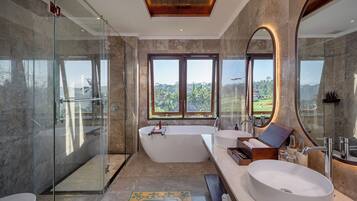 Hair dryer, towels, soap, shampoo