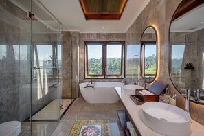 Hair dryer, towels, soap, shampoo