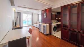 Un apartamento moderno con comedor, cocina y un amplio armario.