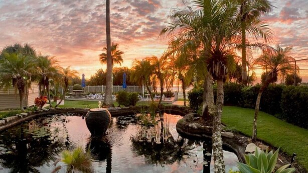 A serene garden with a pond, palm trees, and a sunset sky. - Lookout Palm Beach - Absolute Beachfront + Views (Palm Beach)