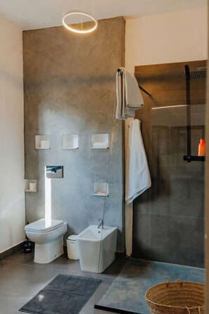 Shower, bidet, towels, soap