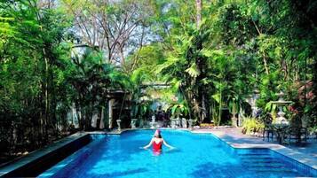 A swimming pool surrounded by lush greenery.