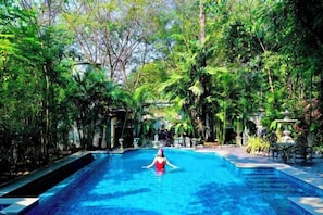 Une piscine entourée d’une végétation luxuriante.