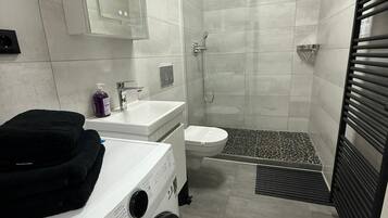 Shower, hair dryer, towels, soap