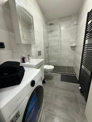 Shower, hair dryer, towels, soap