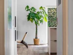 Une pièce avec une grande plante en pot, un fauteuil en osier et une vue sur la verdure à l’extérieur.