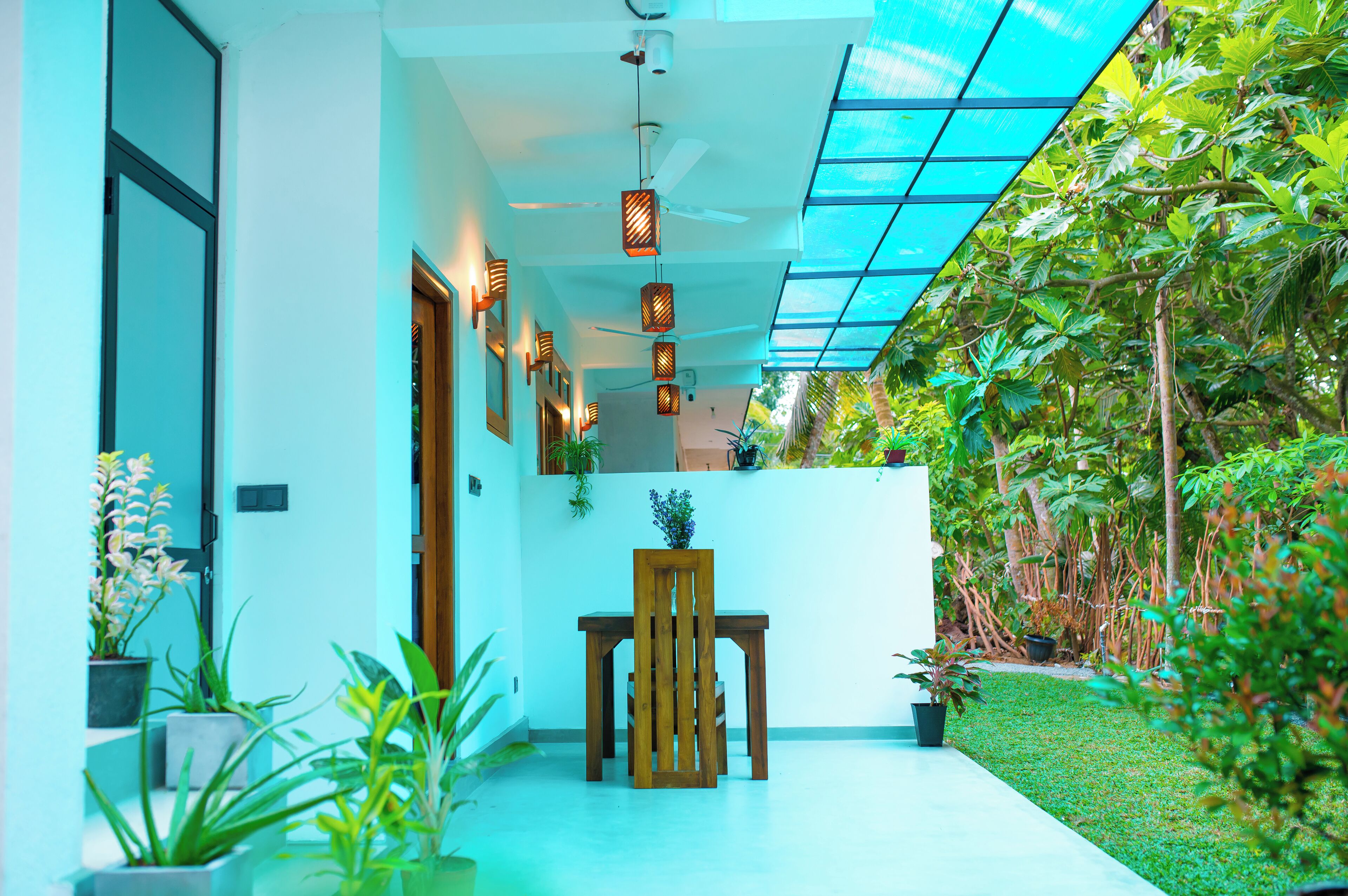 A modern interior with a wooden dining table and chairs, surrounded by potted plants and a glass ceiling.