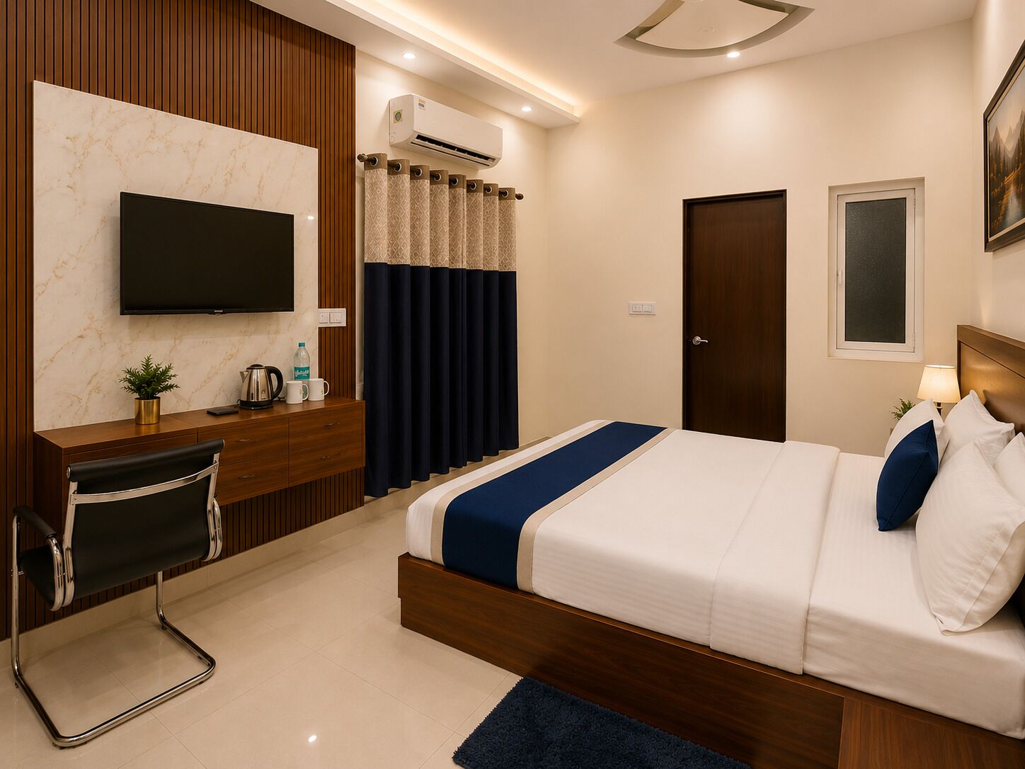 A modern hotel room with a bed, a desk with a chair, a television, an air conditioning unit, a door, and a window.