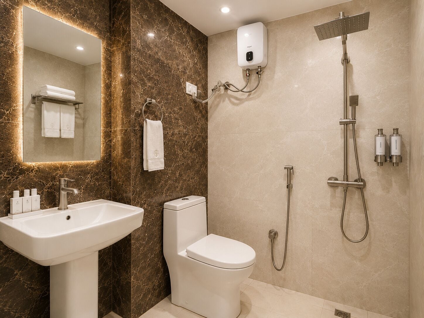 Shower, towels, soap, shampoo