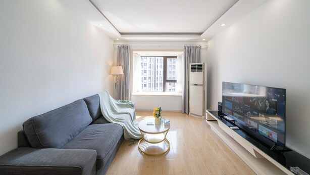 Een moderne woonkamer met een grijze bank, een ronde salontafel met een vaas, een flatscreen televisie op een standaard, en een raam met gordijnen.