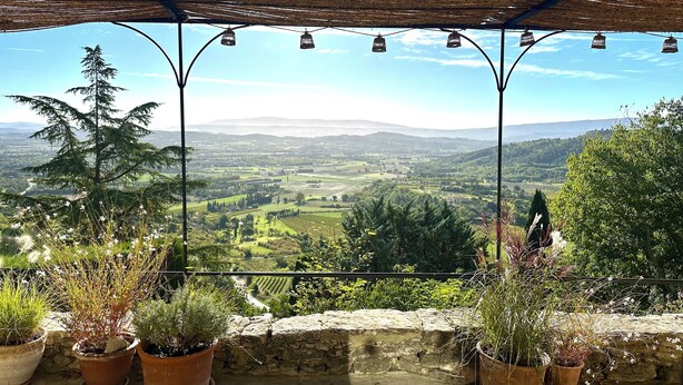 A terrace with a view of a valley, potted plants, and a thatched roof structure. - La Cabane de Gordes (Gordes)