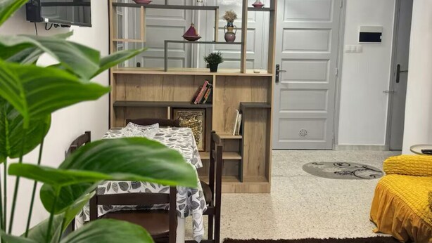 A modern living room with a sofa, a dining table, a coffee table, and a large plant. - Urban Oasis in Algiers' Heart (Sidi M'Hamed)