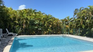 A swimming pool with a stone-tiled edge, surrounded by lush palm trees and a clear blue sky.