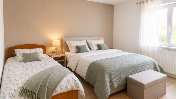 Une chambre avec deux lits, une table de chevet avec une lampe, une fenêtre avec des rideaux et un radiateur.