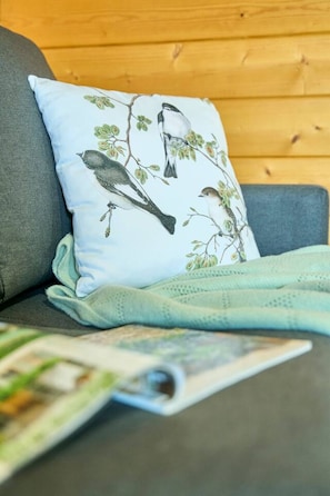 A grey sofa with a light blue pillow featuring birds and leaves, a light blue throw blanket, and a magazine on the table.