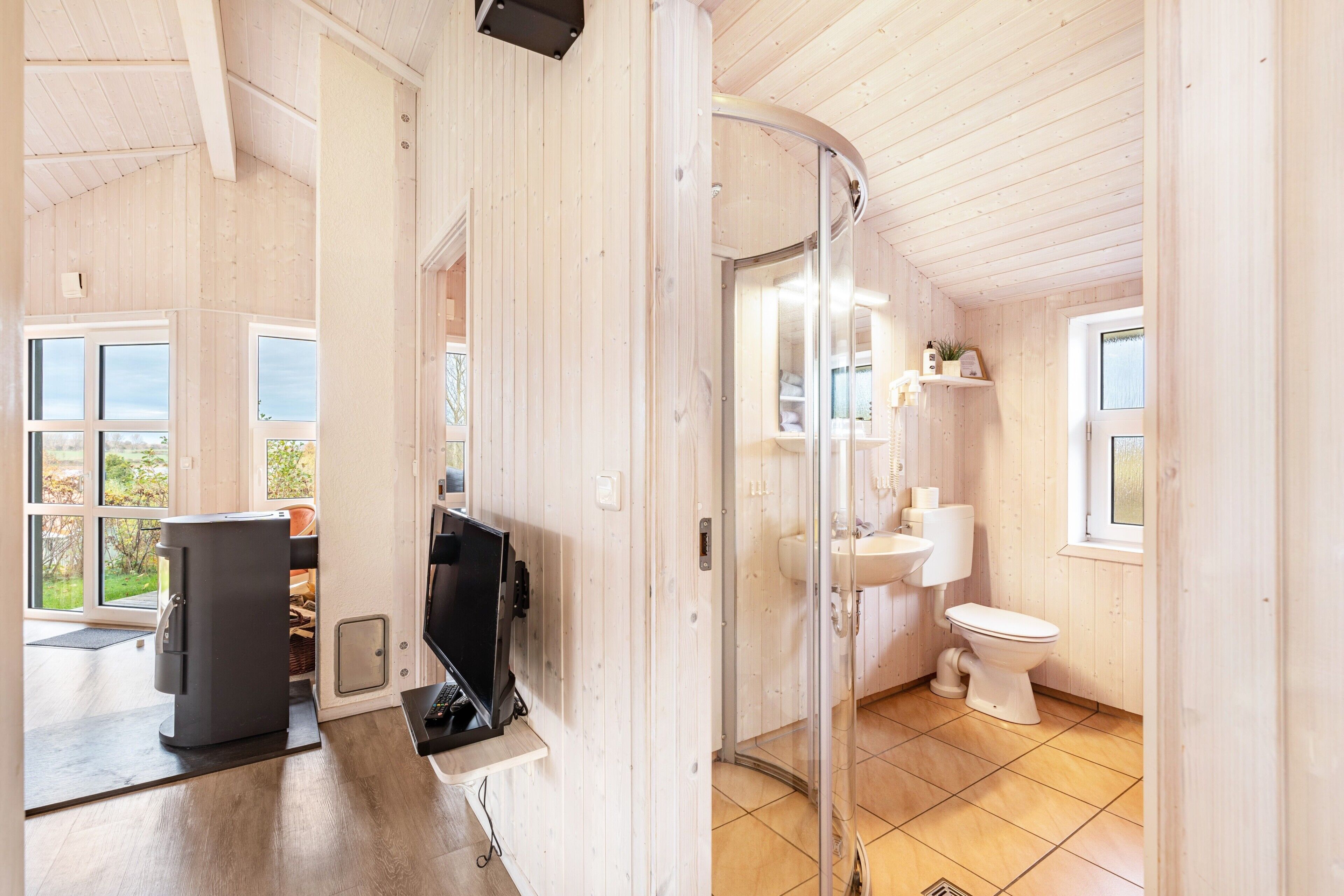 A wooden interior with a shower, toilet, and a television on a stand.