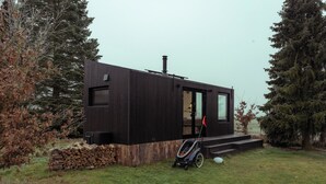 A modern, dark-colored building with a large window and a door, surrounded by trees and a grassy area. - Raus | Cabins am See mit Sauna + Hot-Tub (Lenzen)