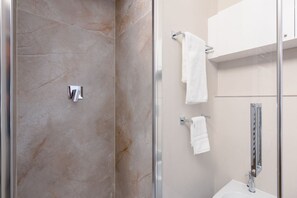 Shower, bidet, towels, shampoo