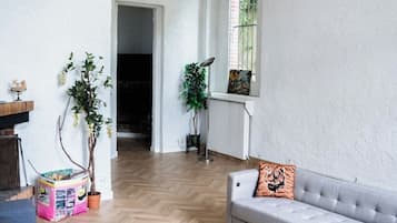 Un salon avec un canapé gris, une plante et un radiateur.
