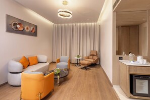 Premium bedding, minibar, desk, laptop workspace