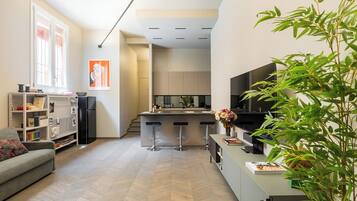 Leilighet, 1 queensize-seng med sovesofa | Oppholdsområde | En 30-tommers TV med Parabol-TV