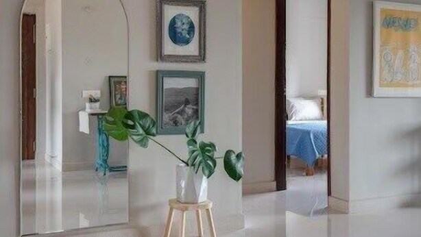 Una habitación con un espejo grande, una planta sobre un taburete y cuadros en la pared.