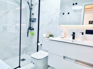 Shower, hair dryer, towels, soap