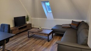 Ett modernt vardagsrum med ett sluttande tak, en platt-TV, en soffa, ett soffbord och en liten växt.