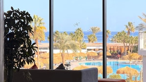 Una camera moderna con una grande finestra vista piscina e palme.