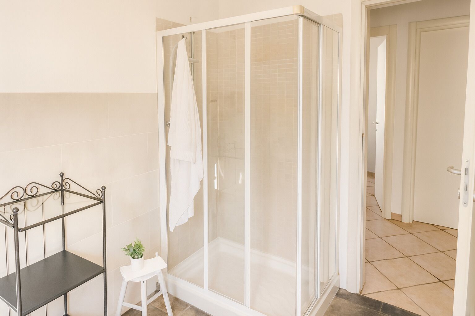Ein Badezimmer mit Duschkabine aus Glas, einem Metallregal mit Topfpflanze und einem weißen Handtuch an der Duschkabinentür.