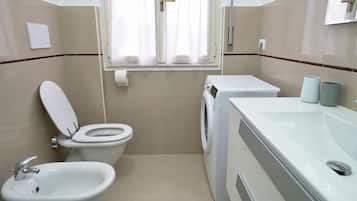 Shower, hair dryer, bidet, towels