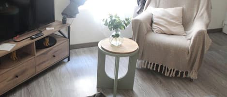 Una sala de estar con un televisor de pantalla plana sobre un soporte de madera, una mesita redonda con una planta, un sillón color beige y una bolsa grande de color gris en el suelo.