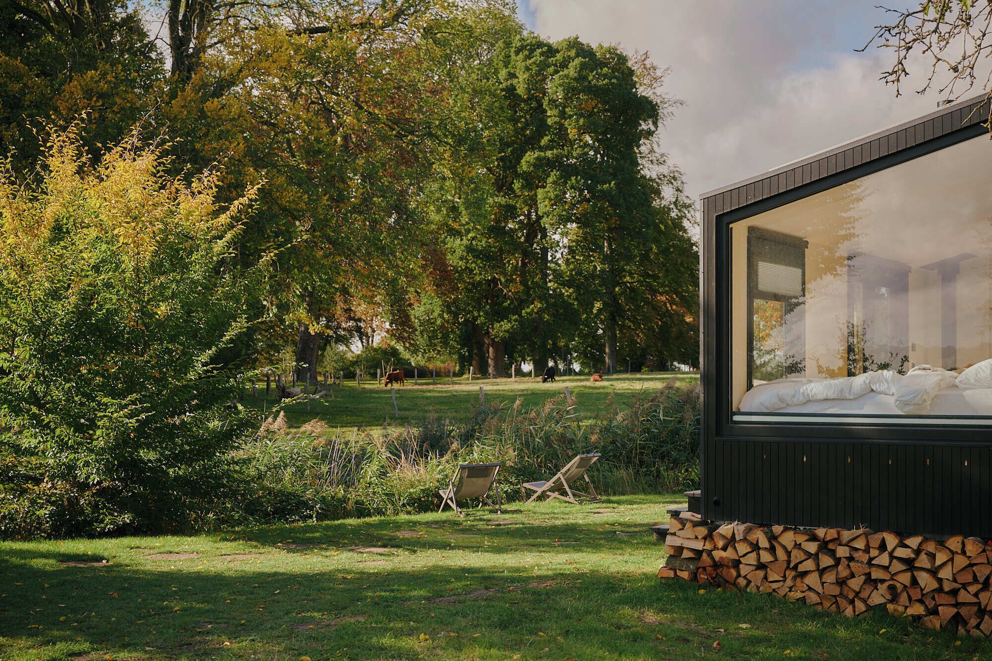 A modern cabin with a large glass window, surrounded by a lush garden and trees.