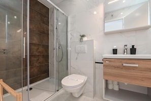 Shower, hair dryer, towels, toilet paper