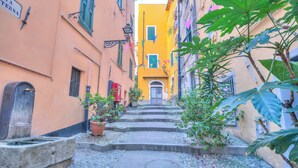 Una stretta via con gradini che conducono all'ingresso di un edificio, piante in vaso e una piccola fontana.