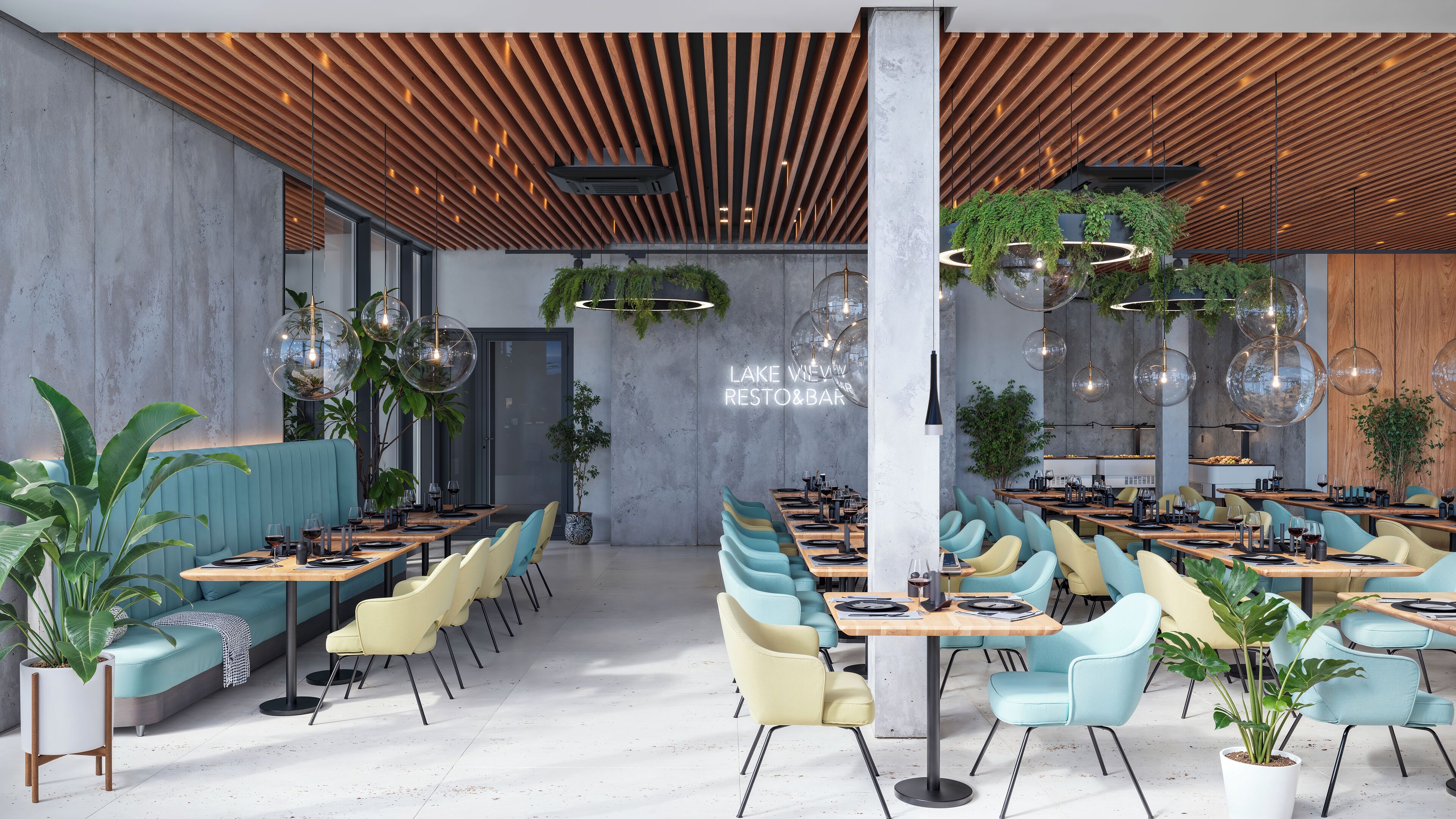 A modern restaurant interior with wooden ceiling beams, large hanging spherical lights, and a seating area with teal and yellow chairs.