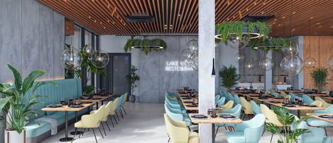 A modern restaurant interior with wooden ceiling beams, large hanging spherical lights, and a seating area with teal and yellow chairs.