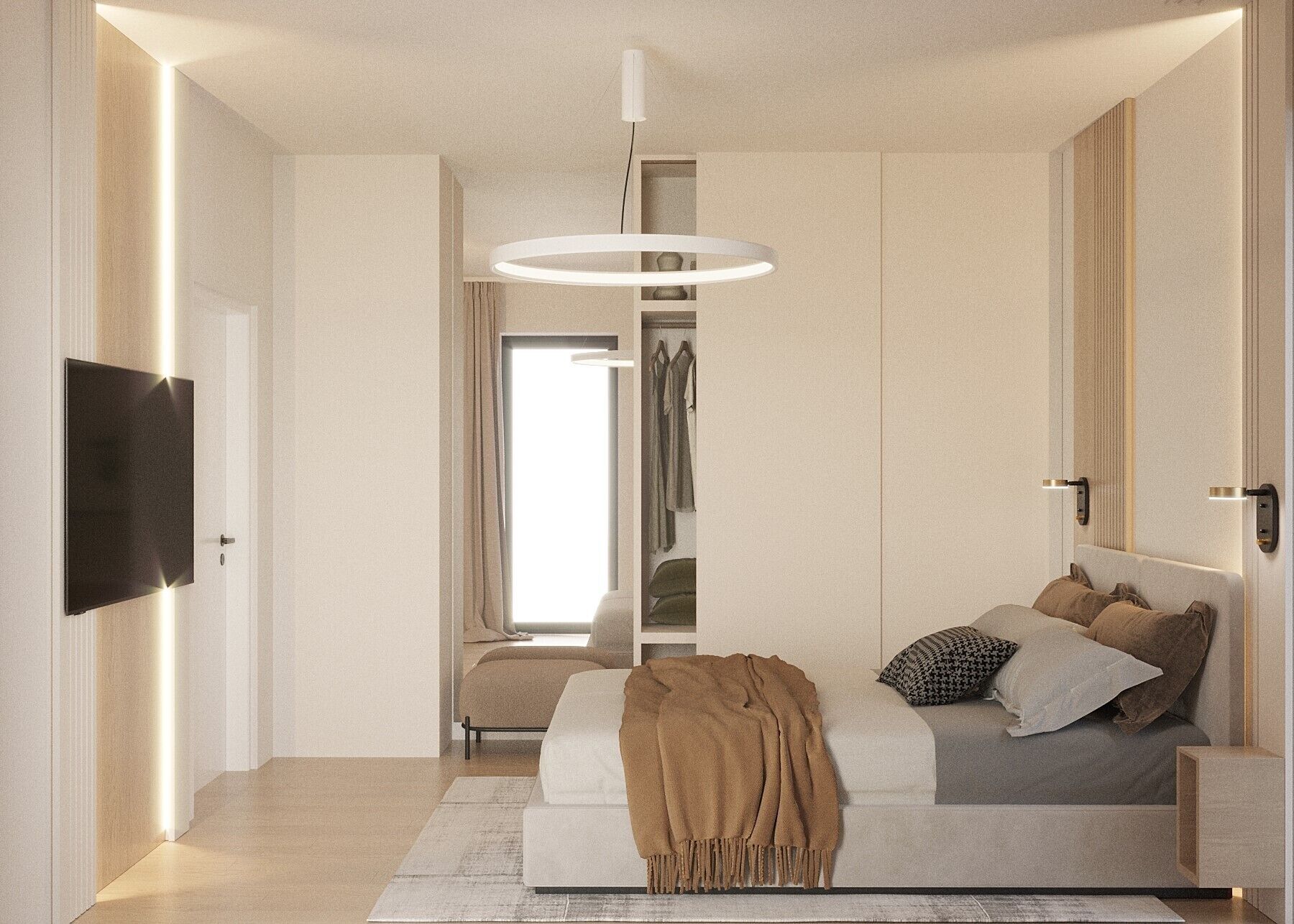 Un dormitorio moderno con una cama grande, un televisor y un armario.