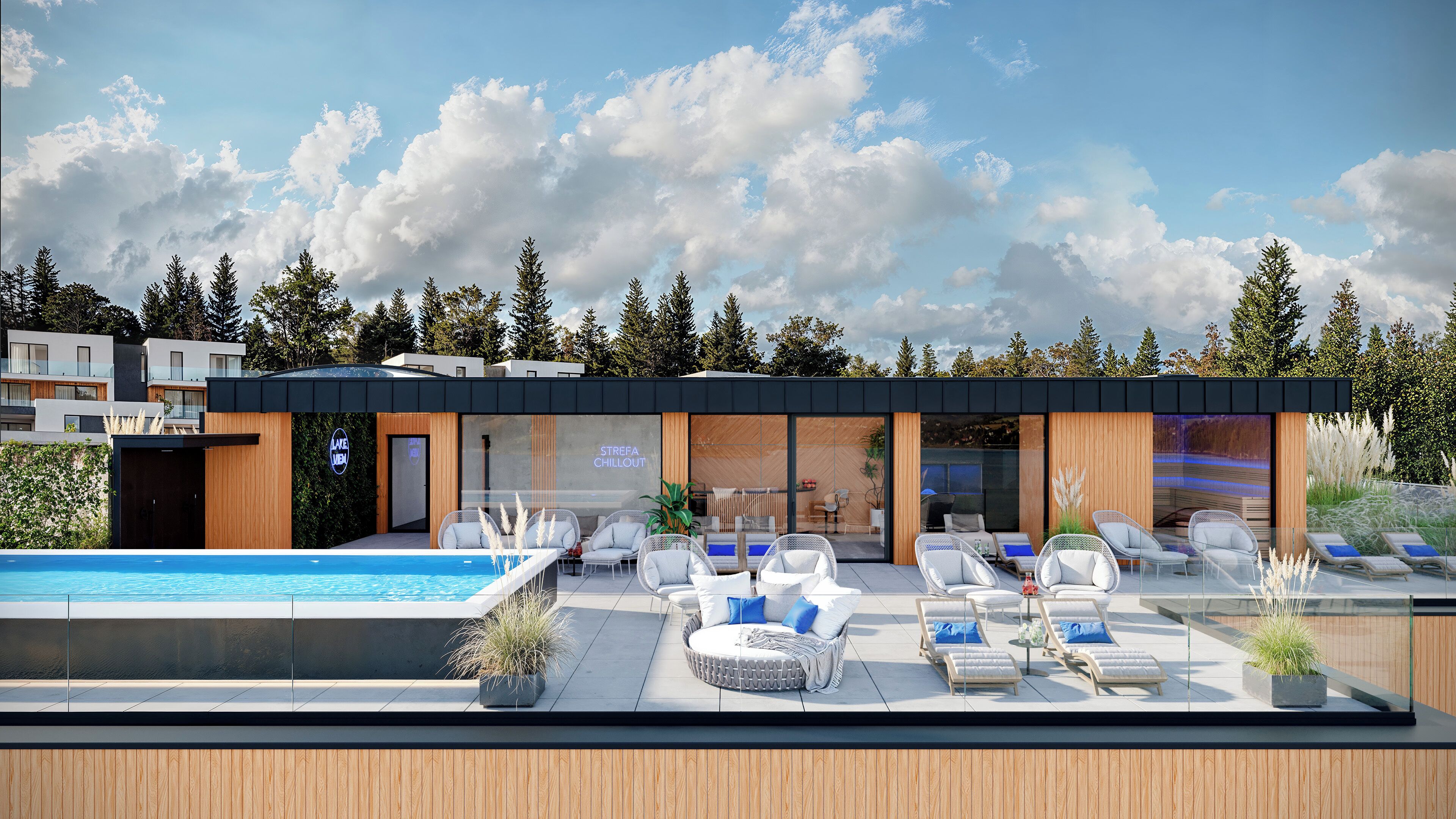Et moderne udendørs loungeområde med en pool, liggestole og siddepladser med udsigt til himlen.