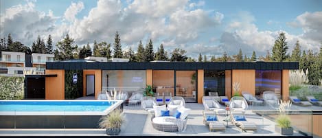 Un moderno espacio de descanso al aire libre con piscina, sillas de sol y un área de estar con vistas al cielo.