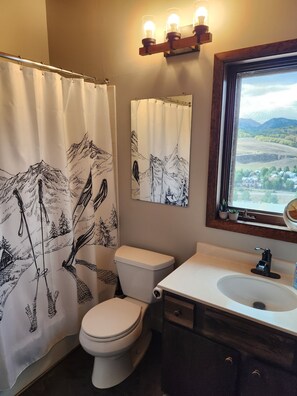 Hair dryer, towels, soap, toilet paper